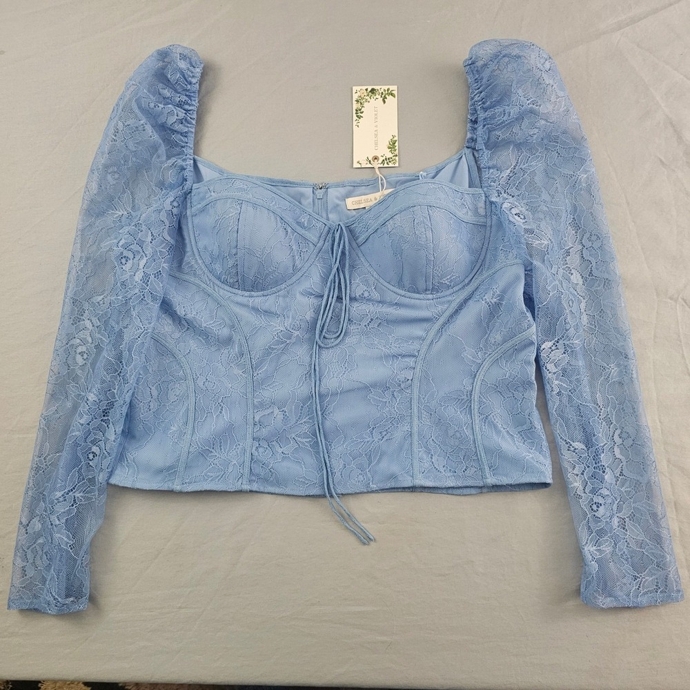 Chelsea & Violet Size 6 Woven Laura Lt Blue Lace Sweetheart Crop Top NWT 1166